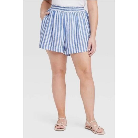 Ava & Viv Pull On Casual Shorts Linen Striped Womens Plus Size 3X Blue White - Picture 1 of 11